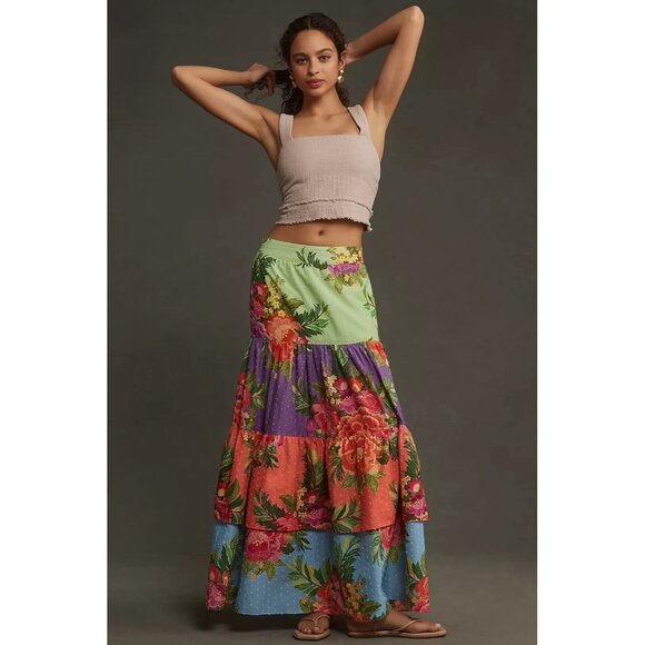 NWT - Size L - Farm Rio 100% Cotton tiered floral maxi skirt (NWT US$  168) - Picture 1 of 10